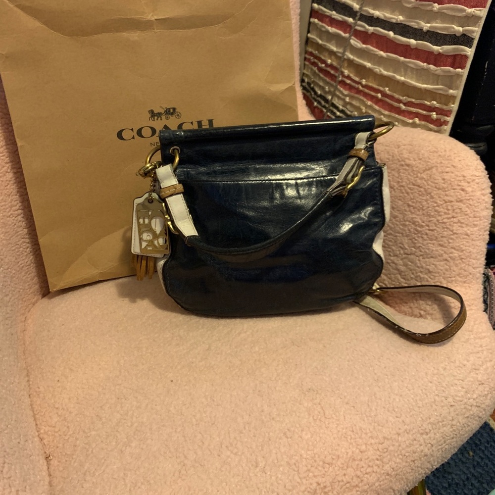 70th Anniversary Coach Navy & Tan Leather Shoulder Bag w/ Hang Tag &Tassel Charm - Picture 7 of 14